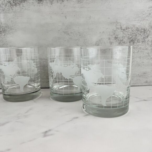 70's Glass Clear w Frosted World Map Globe Double Old Fashioned Tumblers Vintage - Picture 3 of 11